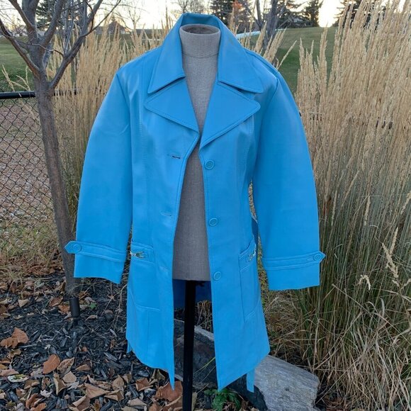 Vintage 60s 70s Faux Leather Trench Coat Belted Light Blue Overcoat - Picture 4 of 14